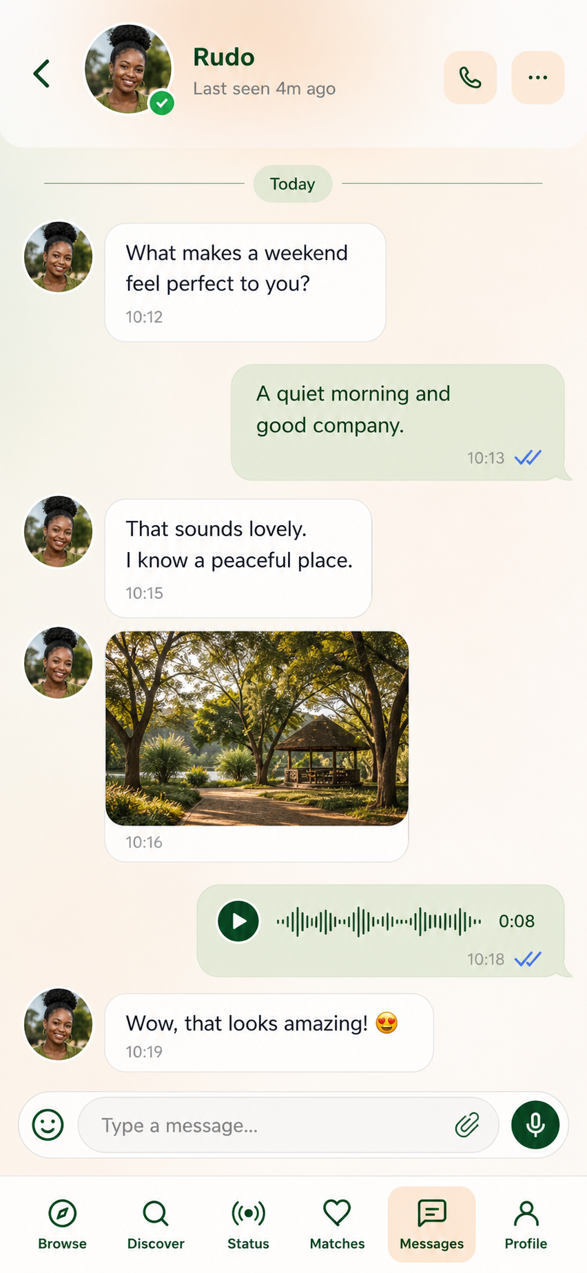 a chat with a conversation starter, a voice note and read receipts